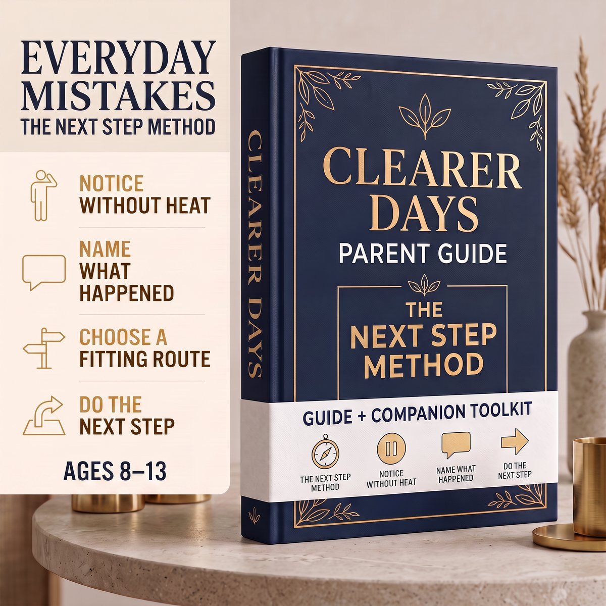 Next Step Method guide and Companion Toolkit mockup for mistakes and recovery, ages 8–13