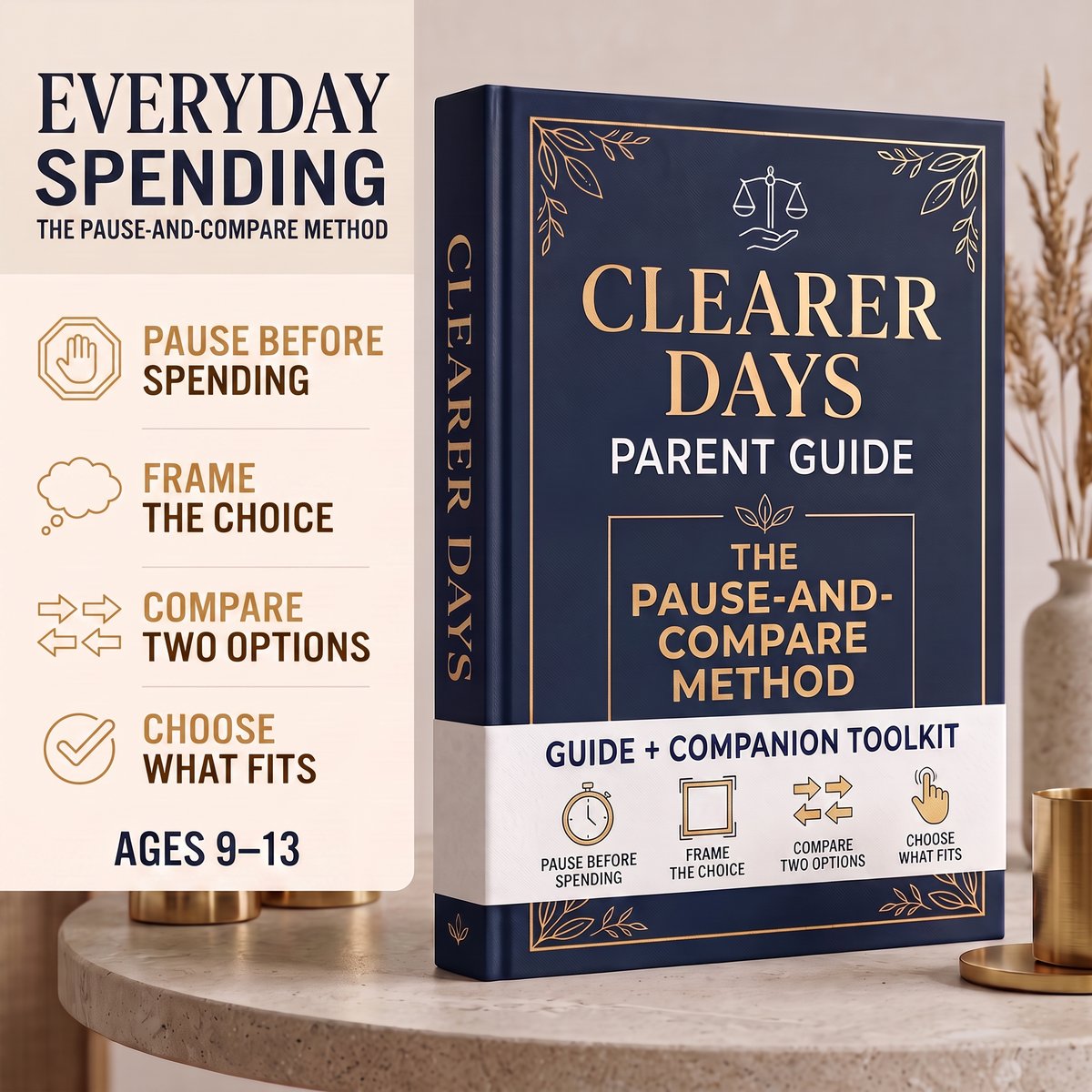 Pause-and-Compare Method guide and Companion Toolkit mockup for spending choices, ages 9–13