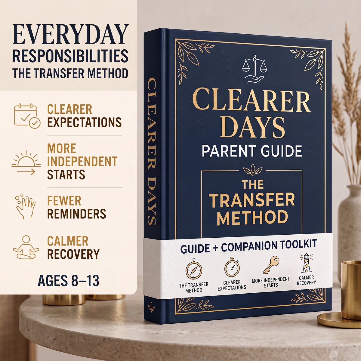 Transfer Method guide and Companion Toolkit mockup for everyday responsibilities, ages 8–13